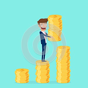 Investment and saving concept. Businessman holding gold coin and putting in the pile. Increasing capital and profits.