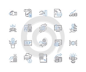 Investment sector line icons collection. Stocks, Bonds, Mutual Funds, Real Estate, Commodities, Futures, Options vector