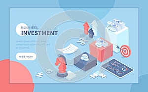 Investment strategy. Financial success from investing. Profit growth steps. Isometric vector illustration for poster, presentation