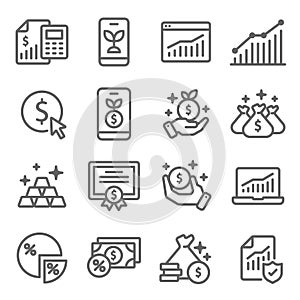 Investment symbol icon set vector illustration. Contains such icon as Gold, Portfolio, Certificate, Stock market, Growth, Finance