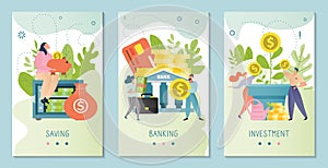 Investment vector illustration. Banking, saving, business and finance concept. Investor sitting on safe. People invest