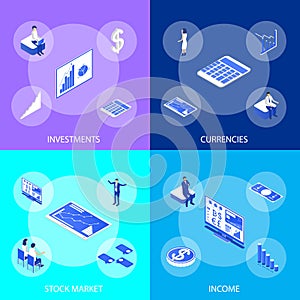 Investment and Virtual Finance Concept Banner Set 3d Isometric View. Vector