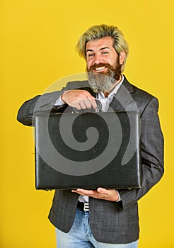 Investment in yourself. bearded man show office briefcase. good business deal. successful business concept. rich man