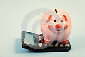 Investments concept. Piggy bank pig and calculator. Taxes and charges may vary. Helping make smart financial choices