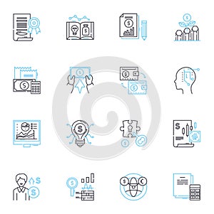 investments linear icons set. Stocks, Bonds, Mutual funds, Index funds, Futures, Options, REITs line vector and concept