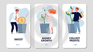 Investments. Online investment bank app pages. People grow money, collect profits. Money growth vector banners