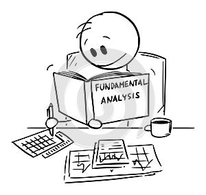 Investor Doing Stock Market Company Value Analysis, Vector Cartoon Stick Figure Illustration