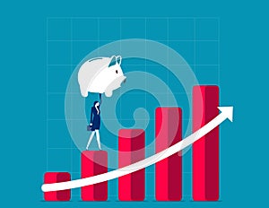 Investor hold wealthy piggy bank walking up risign stock market bar graph. Growth stock