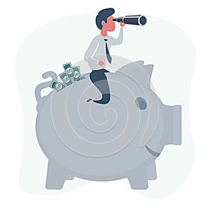 An investor is looking for where to invest money sitting on a piggy bank full of money. Investment concept.