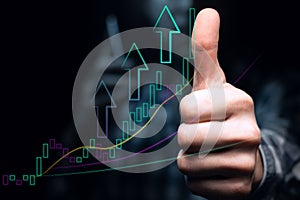 An investor with a phone shows a thumbs up, against the backdrop of an ascending graph with high volatility and moving averages.