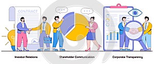 Investor relations, shareholder communication, corporate transparency concept with character. Investor trust abstract vector
