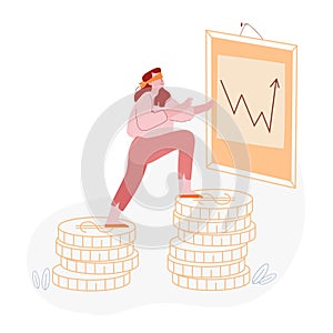 Investor Risking with Money on Stock Market. Blindfold Businesswoman Trying to Touch Rising Arrow on Chart Board