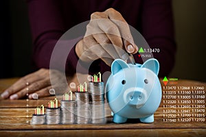 Investor saving money in piggy bank set future goals and success chart and upward arrow Save money