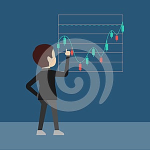 Investor watching stock movements Illustration. Successful entrepeneur presenting stack of money and growth diagram. A man