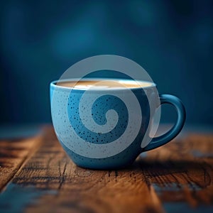 Invigorating blue mugged cappuccino on a warm wooden tabletop