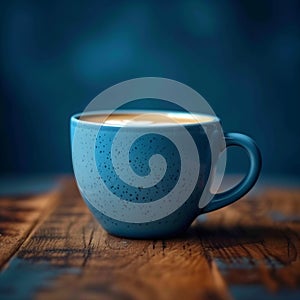 Invigorating blue mugged cappuccino on a warm wooden tabletop photo