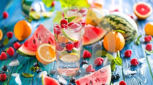 Invigorating Fruit Infusion: Enjoy the Refreshing and Nutrient-Packed Fruit Beverage on a Wooden Table Brimming with Fresh Fruits