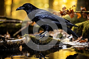 Invigorating Raven bird water bath. Generate Ai