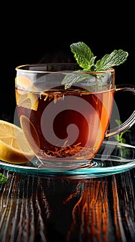 Invigorating tea composition mint, lemon garnish, isolated on black