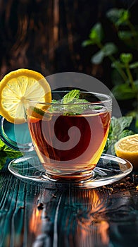 Invigorating tea composition mint, lemon garnish, isolated on black