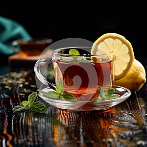 Invigorating tea composition mint, lemon garnish, isolated on black