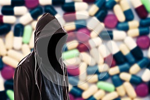 Invisible man on drug background. Drug dealer, medication addictions concept