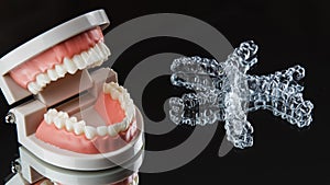 Neviditelný snímatelný zásobníky zuby rovnání umělý čelist ležet na černý 