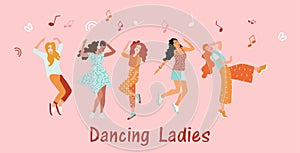 Invitation banner dancing for women. Girls dance and move to the music at the festival or disco. Joyful emotions. Vector illustra