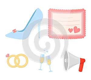 Invitation, bride`s shoes, champagne glasses, wedding rings. Wedding set collection icons in cartoon style vector symbol