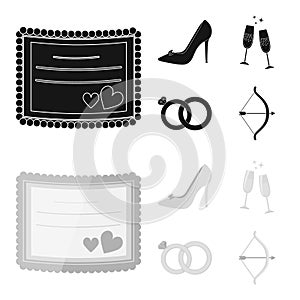 Invitation, bride shoes, champagne glasses, wedding rings. Wedding set collection icons in black,monochrom style vector