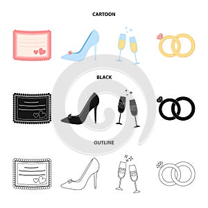 Invitation, bride shoes, champagne glasses, wedding rings. Wedding set collection icons in cartoon,black,outline style