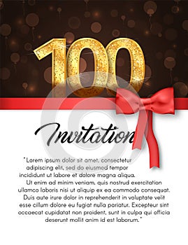 Invitation card for 100 years anniversary vector illustration. Template of holiday banner with red stripe and bow