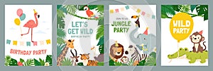 Invitation card with animals. Cute poster with baby jungle animal. Funny birthday invite template with wild lion