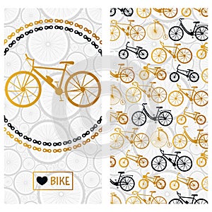 Invitation card with bike in the chain wreath and six kinds of bicycles