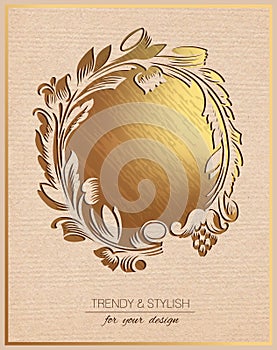 Invitation card with gold floral frame.