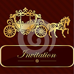 Invitation card with golden lettering. Vintage horse carriage design. Good idea for template, wedding card, retro style. Vector il