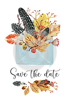 Invitation card with hand-drawn blue paper envelope, autumn oak leaves, berries, spotted feathers