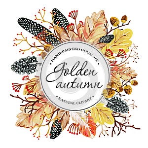 Invitation card with hand-drawn yellow autumn oak leaves, acorns, berries, spotted feathers and circle field for fill