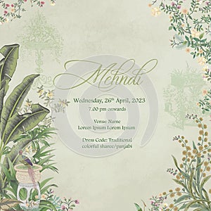 Invitation card for mehndi night. Watercolor grungy background with Mughal tropical tree, flowers, plants and leaves.