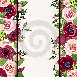 Invitation card with red and pink roses, lisianthuses and anemone flowers. Vector eps-10. photo