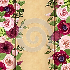 Invitation card with red and pink roses, lisianthuses and anemone flowers