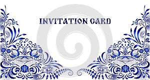 Invitation card in style of national painting on porcelain. Pattern with blue flowers and birds in the corners.