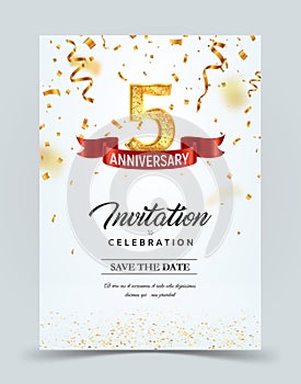 Invitation card template of 5 years anniversary with abstract text vector illustration. Greeting card template