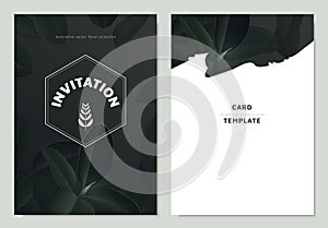 Invitation card template design, dark green Ficus Elastica leaves with hexagon frame on dark green