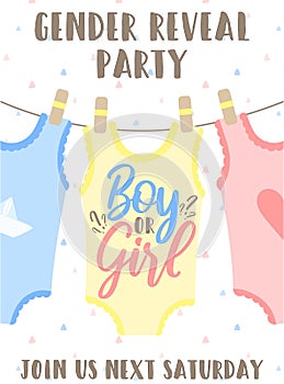 Invitation card template with pink, yellow and blue babygro and an inscription Boy or girl. Vector illustration for Gender reveal