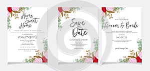 Invitation card template with watercolor rose design frame for Housewarming party celebration, save the date, wedding or greeting
