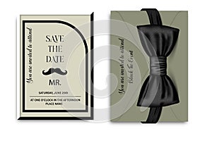 An invitation card to a man's day party. Vector bow tie. Black, white and gold are classic patterns with