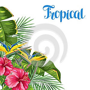 Invitation card with tropical leaves and flowers. Palms branches, bird of paradise flower, hibiscus