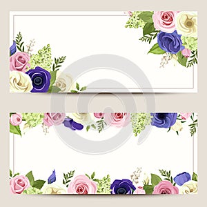 Invitation cards with colorful roses, lisianthuses and anemone flowers. photo