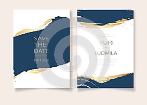 Invitation cards with luxurious gold and dark blue marble background texture and abstract ocean style vector template for wedding